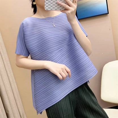 Miyake Irregular Short Sleeve Pleated Top Simple Loose Plus Size with Stretch T-Shirt Vacation Office Clothing Polyester Crepe