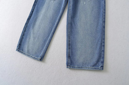 American Retro Cuffed High Waist Slimming Casual Denim Jeans Women's Autumn Versatile Loose Straight Leg Floor-Length Pants