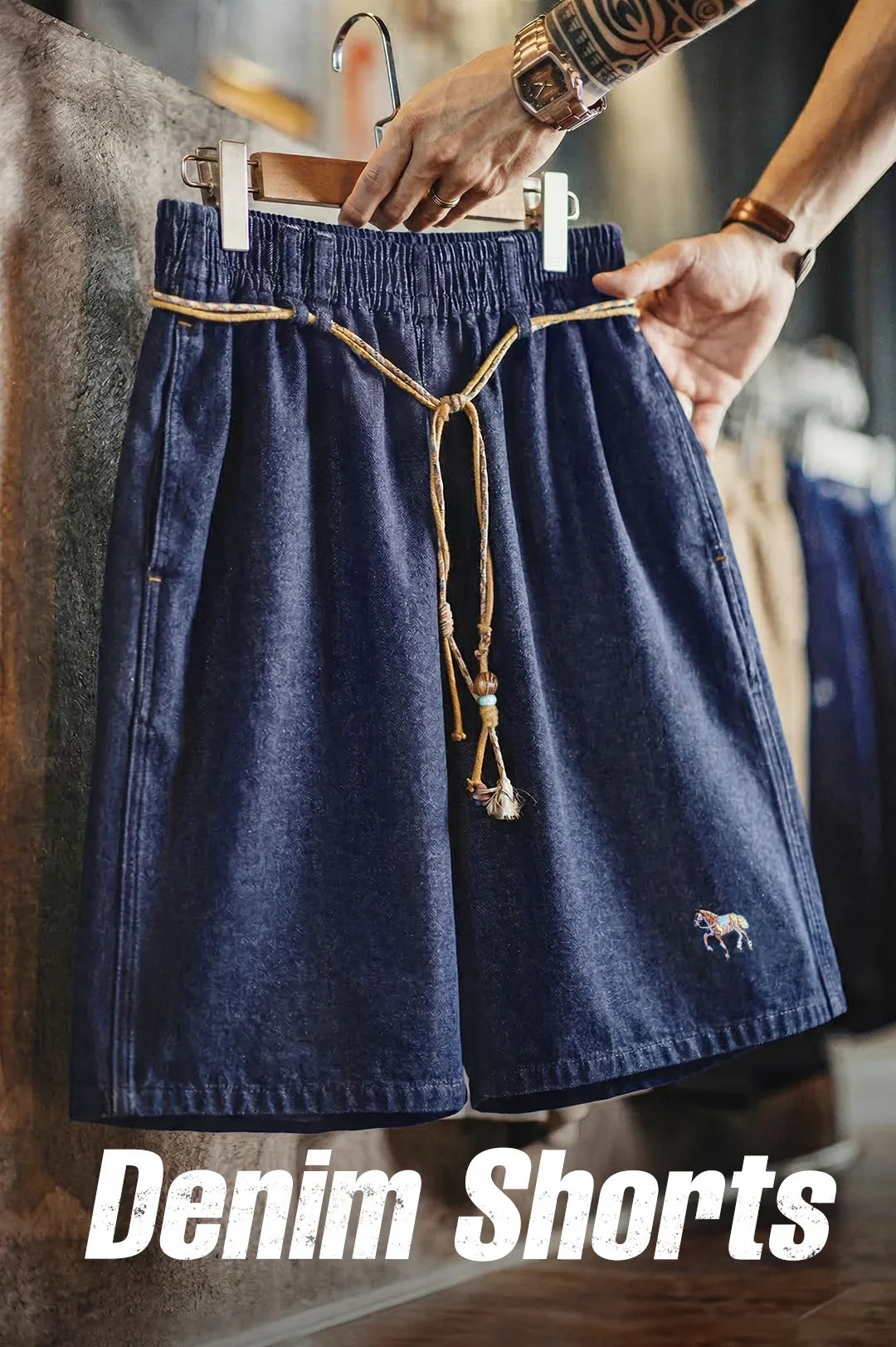 Men's Washed Denim Blue Jean Shorts American Retro Workwear Embroidered Straight Five Inch Thin Casual Summer Bottoms