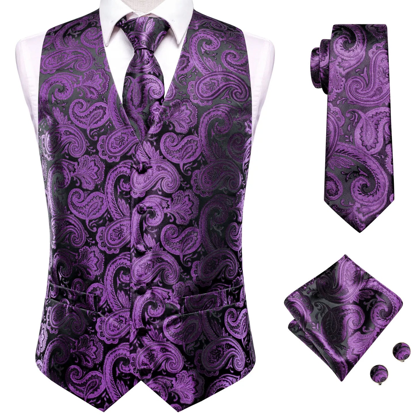 Purple Silk Mens Waistcoat Tie Set Sleeveless Jacket Suit Vest Necktie Hanky Cufflinks Wedding Business Oversized