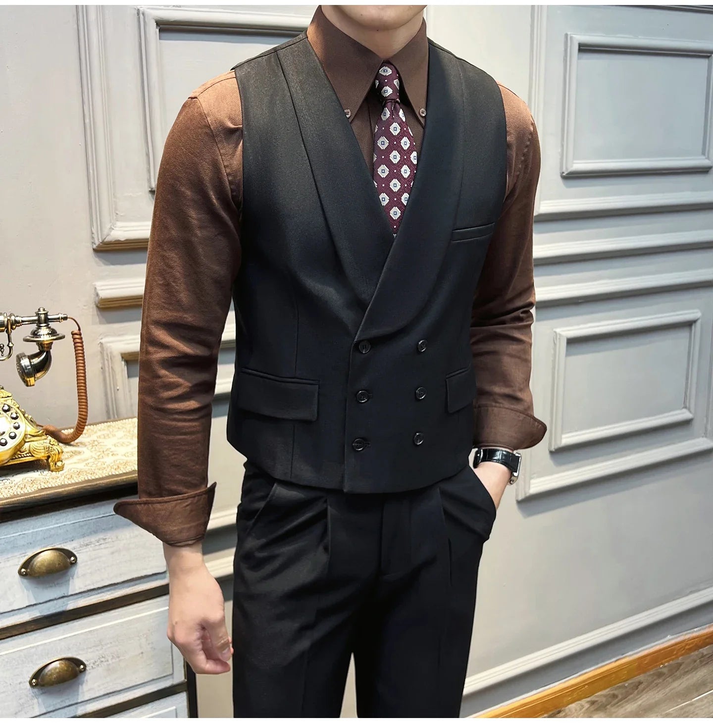 ( Vest + Pants) High-end Brand Solid Color Suit Vest 2 pieces Men Luxury Double Breasted Design Fashion Vest Set Club Clothing