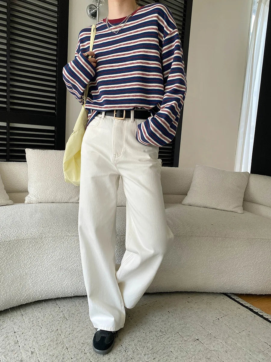 Spring women's fashionable and simple commuting temperament, high waist wide leg straight leg slimming jeans