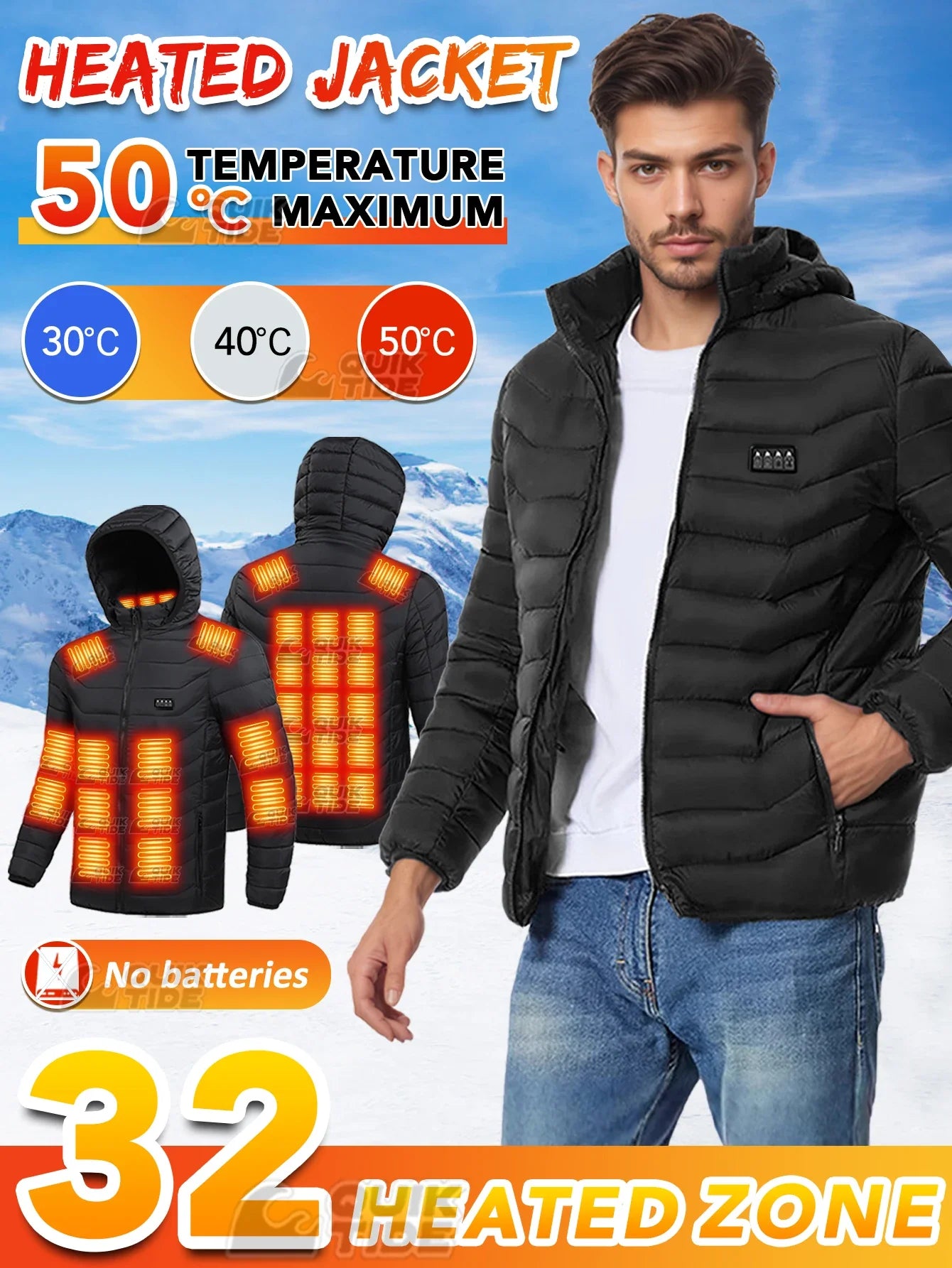 Intelligent Heating Jacket, 32-Heating Zones, 4-Switches, 3-Speed Adjustable, Suitable For Outdoor Activities,Indoor Work,Hiking
