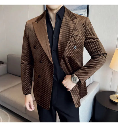 Autumn Winter New Velvet Suit Jacket Men Double-Breasted Striped Slim Fit Casual Coats High Quality Formal Business Tailcoat