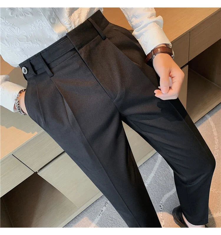 Autumn Winter High Quality Solid Casual Pants Men Belt Design Slim Fit Trousers Formal Office Business Social Party Suit Pants