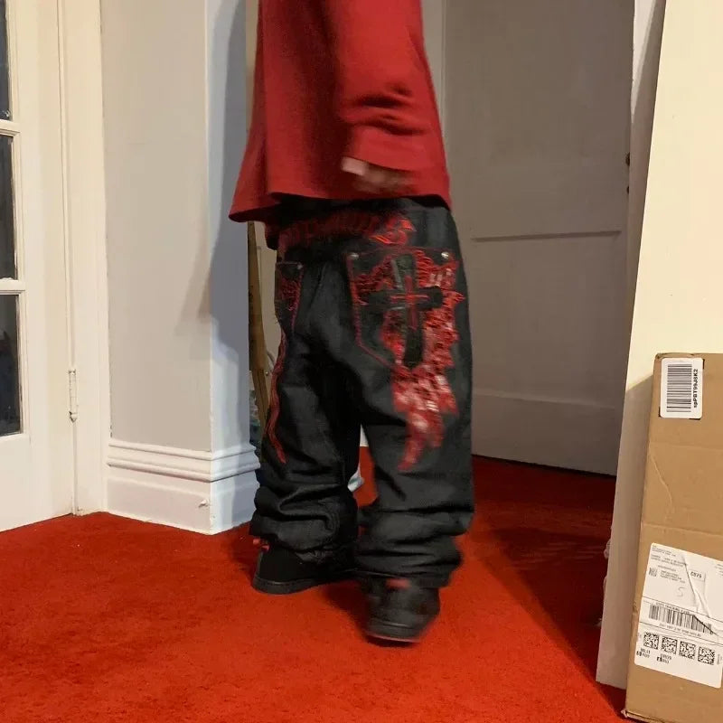 High Street Gothic Embroidered Men Black Red Pattern Y2K High Waist Jeans American Retro Street Couple Casual Pants