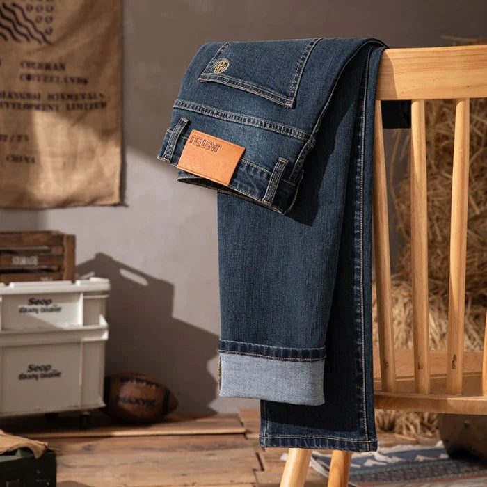 2025 New High-end High-quality Denim Double-core Cotton Elastic Jeans Retro Nostalgic Men's Straight-fit Trousers
