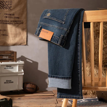2025 New High-end High-quality Denim Double-core Cotton Elastic Jeans Retro Nostalgic Men's Straight-fit Trousers