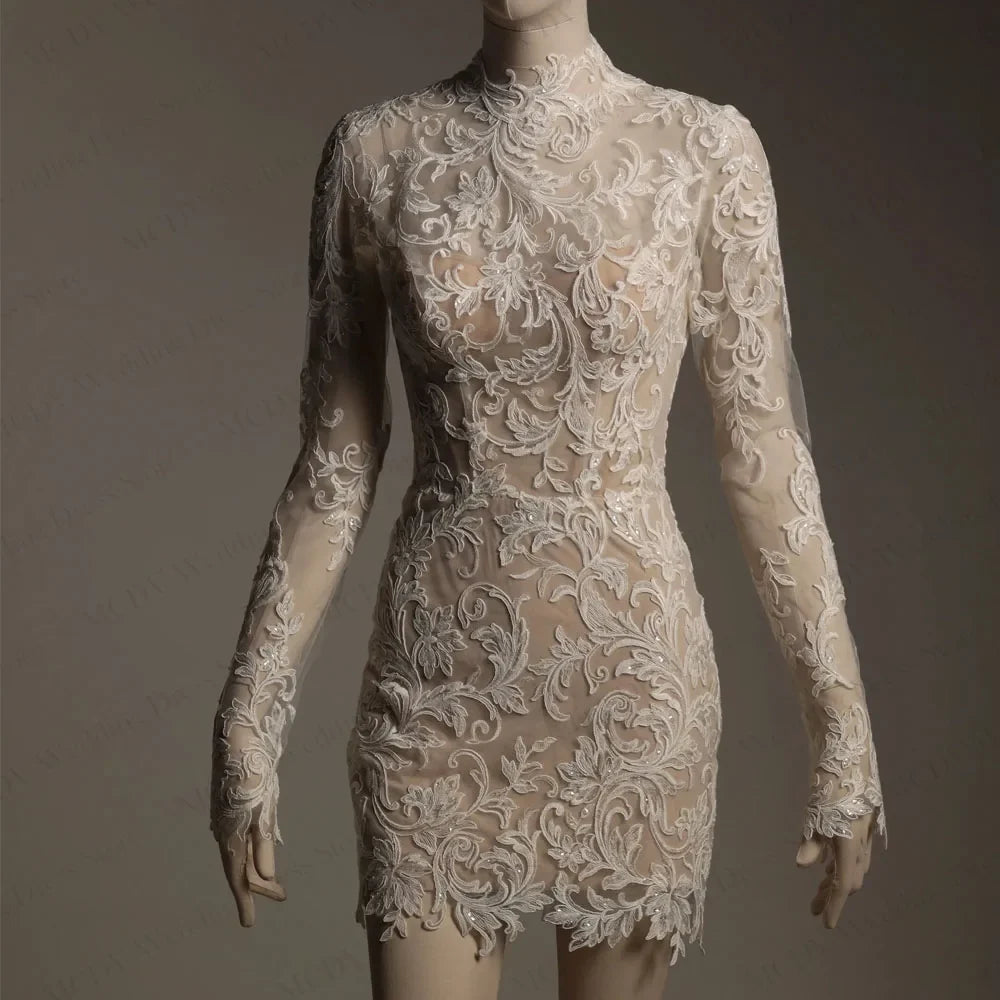 Lace Wedding Dresses Women High Neck Full Sleeve Applique Mini Bride Gowns Elegant vestido de novia Above Knee Customized