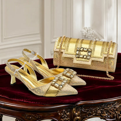 New Arrival Women Shoes and Bags To Match Set Italy Lady Pointed Toe Shoes Sexy Wedding Party Sandals Rhinestone Women Pumps