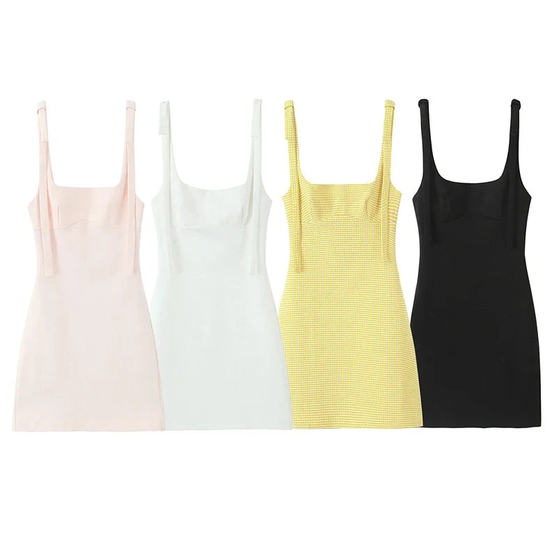 Women Fashion Solid Lace Up Backless Zipper Mini Dress Vintage Straps Square Collar Female Chic Lady Dresses