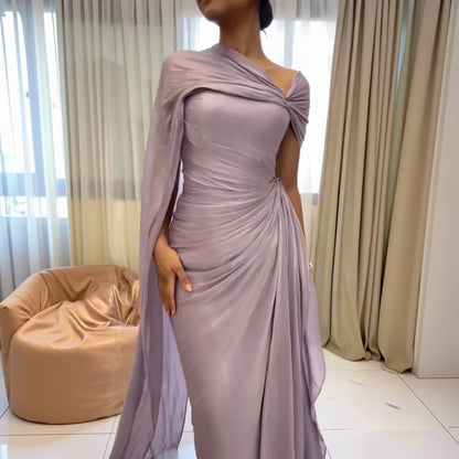 2026 Women's Elegant Evening Dresses with Draped Cape Formal Birthday Gown Pink One Shoulder Arabic SF199 Customized