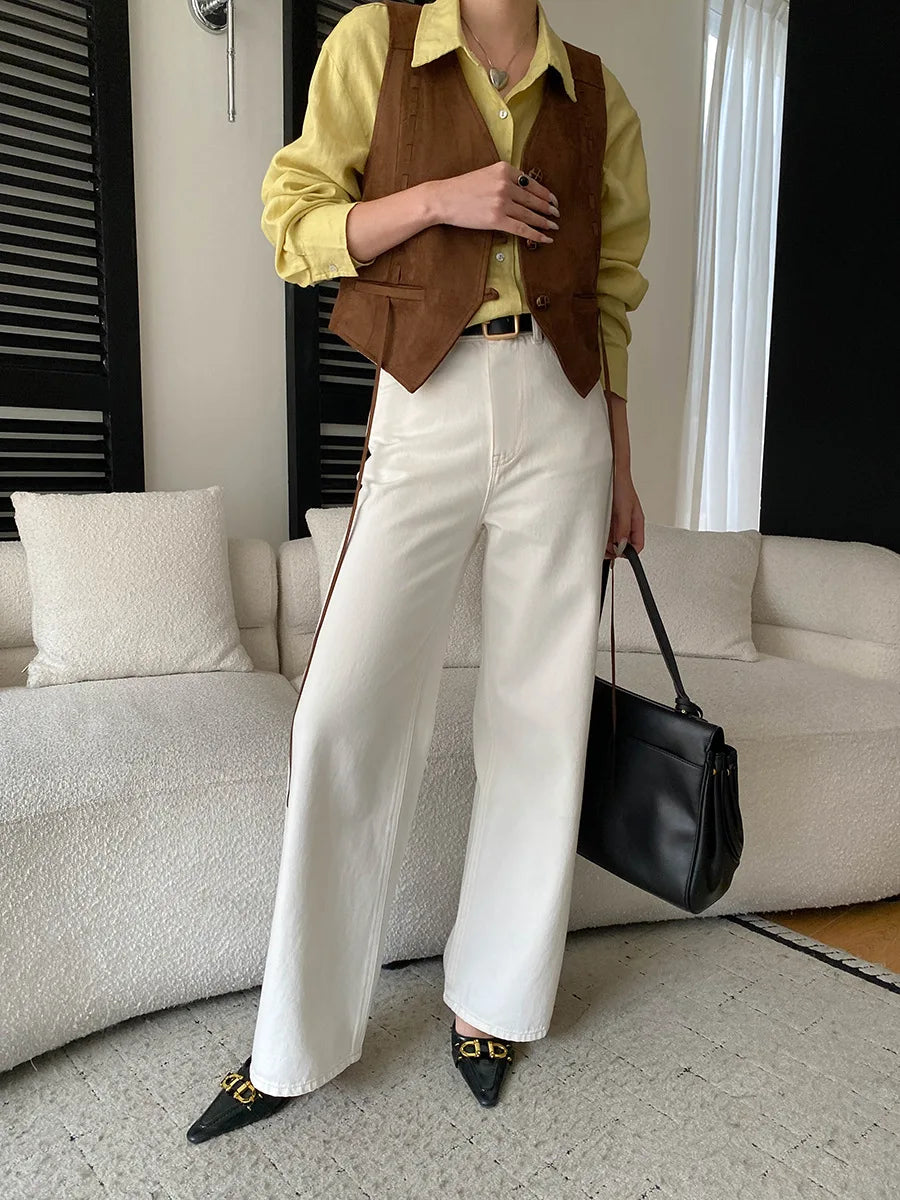 Spring women's fashionable and simple commuting temperament, high waist wide leg straight leg slimming jeans