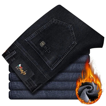 Winter Classic Business Men's Fleece Warm Jeans Straight Stretch Casual Thicken Denim Trousers Washed Fashion Velvet Male Pants