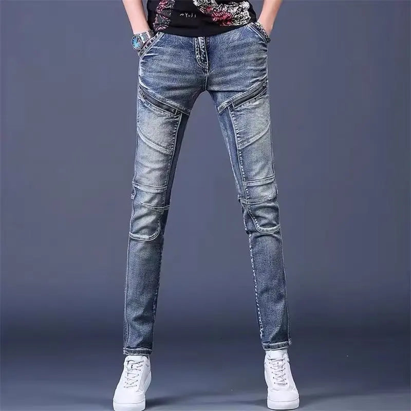High-End Men's Slim Fit Jeans with Zipper Splicing Elastic Casual Long Trousers Trendy Retro Style Cotton Stretch Denim