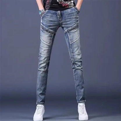 High-End Men's Slim Fit Jeans with Zipper Splicing Elastic Casual Long Trousers Trendy Retro Style Cotton Stretch Denim