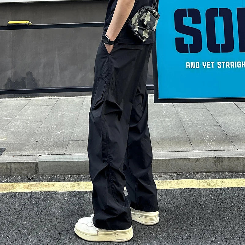 New High Street Pants Mens Casual Straight Trousers Wrinkled Trendy Streetwear Summer Lightweight Essentials Couple Cool Pants