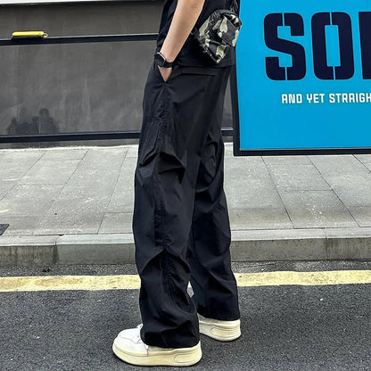 New High Street Pants Mens Casual Straight Trousers Wrinkled Trendy Streetwear Summer Lightweight Essentials Couple Cool Pants