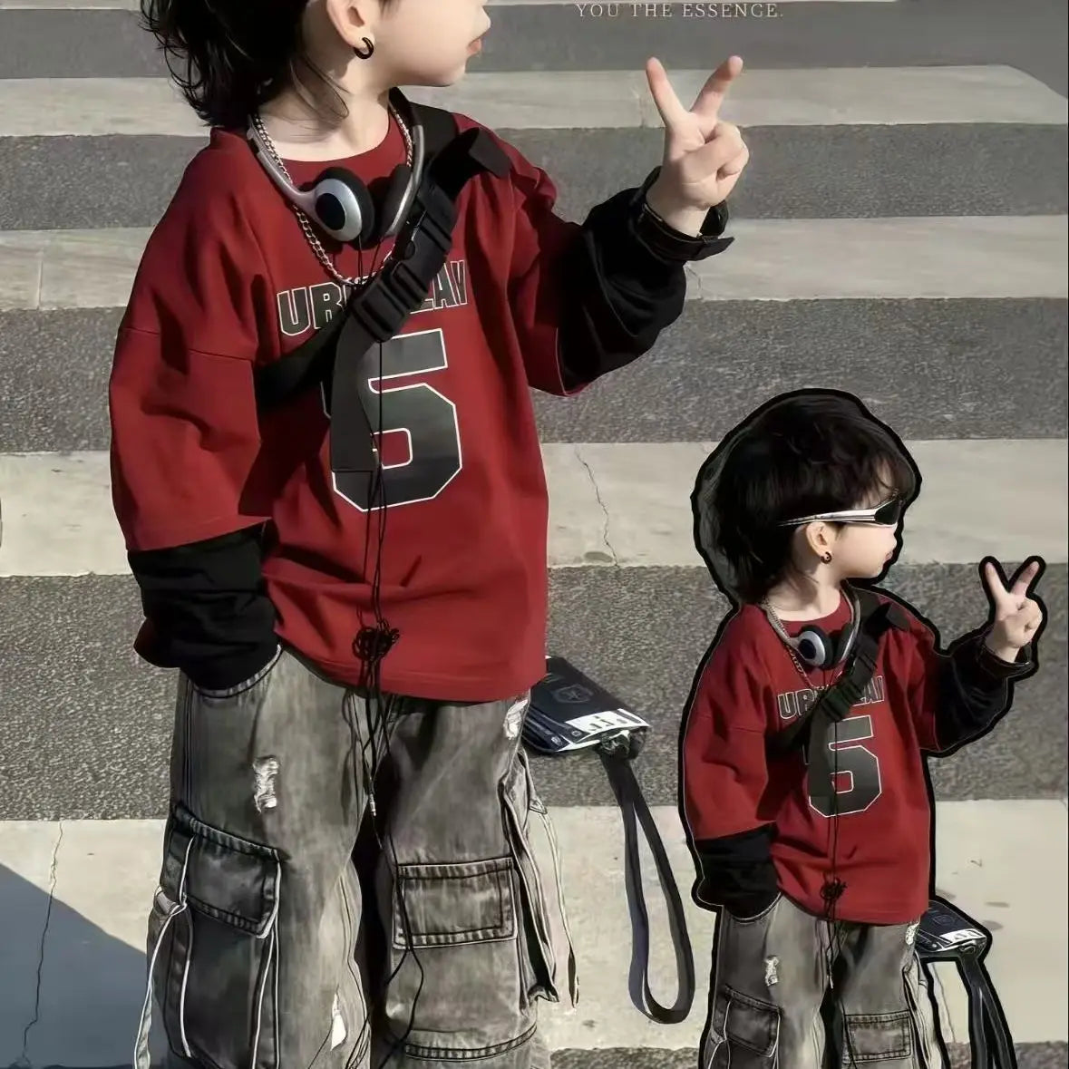 Boys Cotton Set 2026 Spring Autumn New Korean Red Children's Baby Fashion Color Blocked Sweatshirt+Cowboy Cargo Pant  2pcs Set