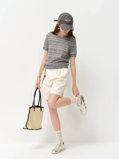 2026 Summer Women's Textured Cut-out Round Neck Short Sleeve Knit Top Soft Lightweight Breathable Blouse Elegant Style