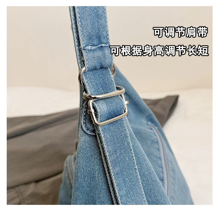 Solid Color Denim Trendy Shoulder Bag for 2025 High Quality Fashion Zipper Large Capacity Versatile Women's Crossbody Bag