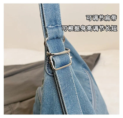 Solid Color Denim Trendy Shoulder Bag for 2025 High Quality Fashion Zipper Large Capacity Versatile Women's Crossbody Bag