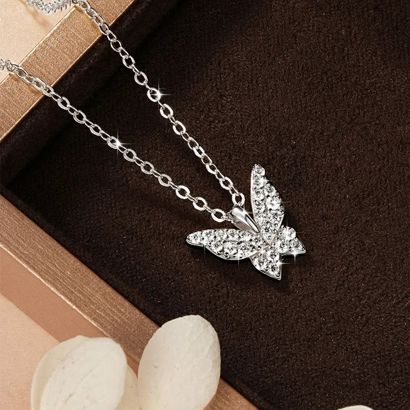 Sparkling 1.5mm Moissanite Necklace 14K Gold Butterfly Pendant Necklaces for Women Valentine's Day Jewelry Gift