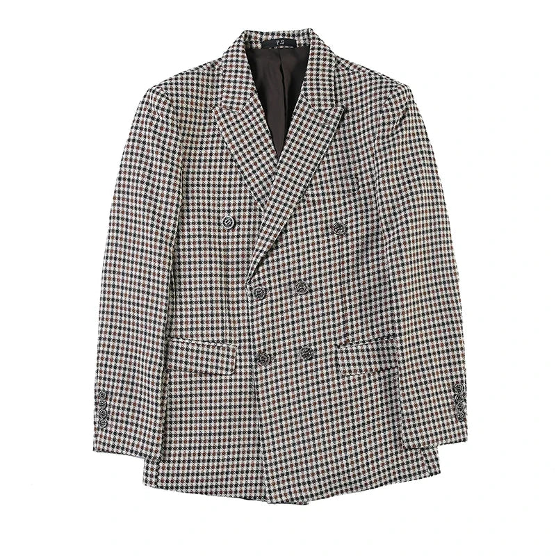 British Style Slim Fit Houndstooth Blazer For Men 2023 Fashion Double Breasted Business Office Wedding Dress Suit Jacket