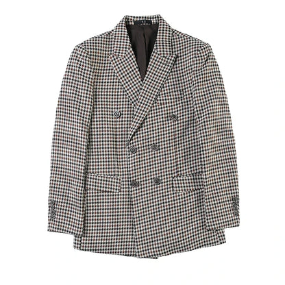 British Style Slim Fit Houndstooth Blazer For Men 2023 Fashion Double Breasted Business Office Wedding Dress Suit Jacket