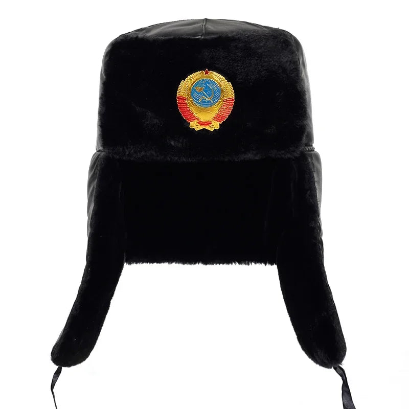 Soviet Army Military Badge Russia Ushanka Bomber Hats Pilot Trapper Trooper Hat Winter Faux Rabbit Fur Earflap Men Snow Caps