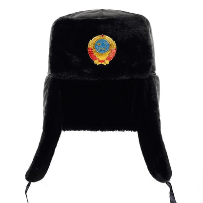 Soviet Army Military Badge Russia Ushanka Bomber Hats Pilot Trapper Trooper Hat Winter Faux Rabbit Fur Earflap Men Snow Caps