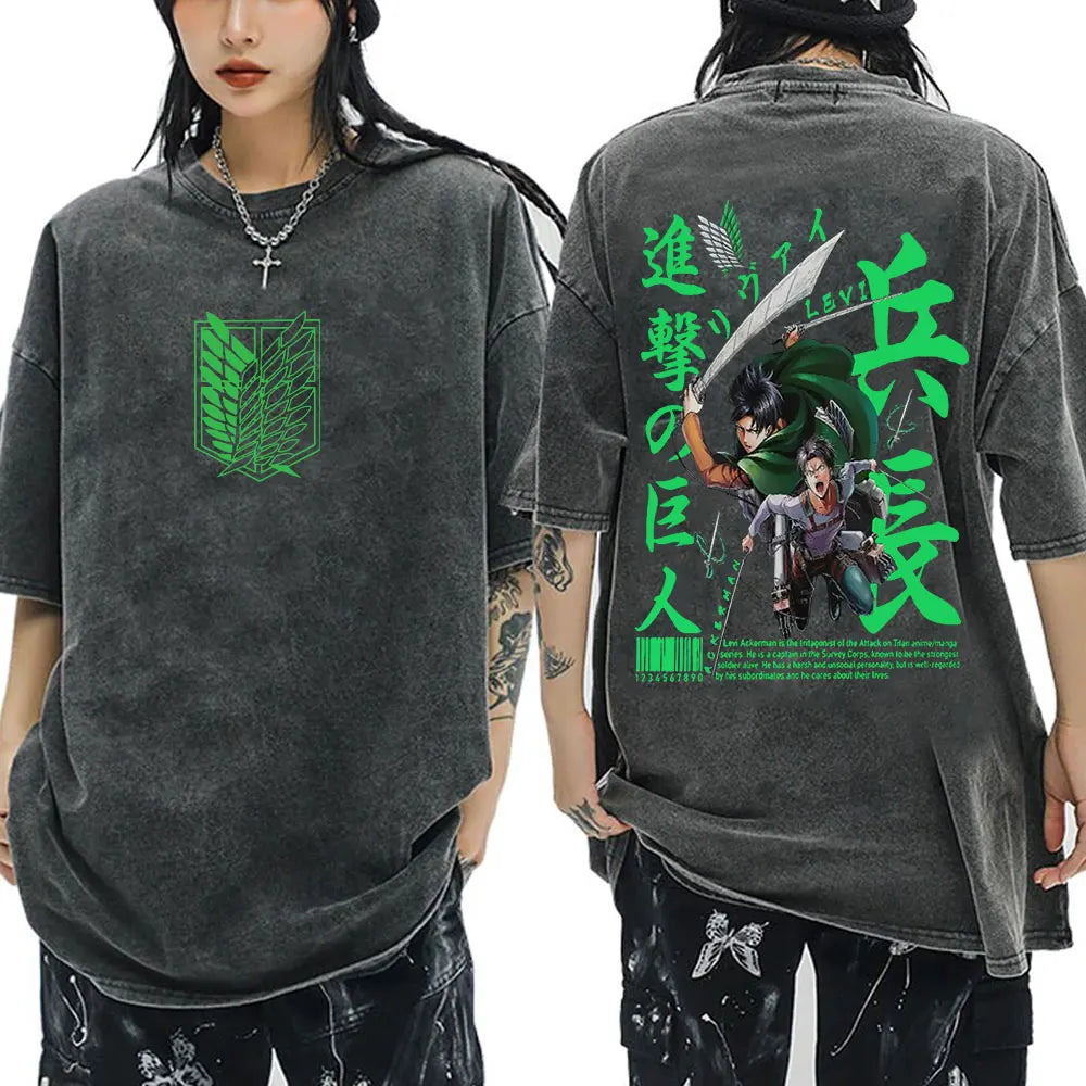 Anime Attack on Titan Washed T-Shirt Ackerman Mikasa Eren Jaeger Cherry Blossom Graphics Logo T Shirt Men Women Cotton T Shirts