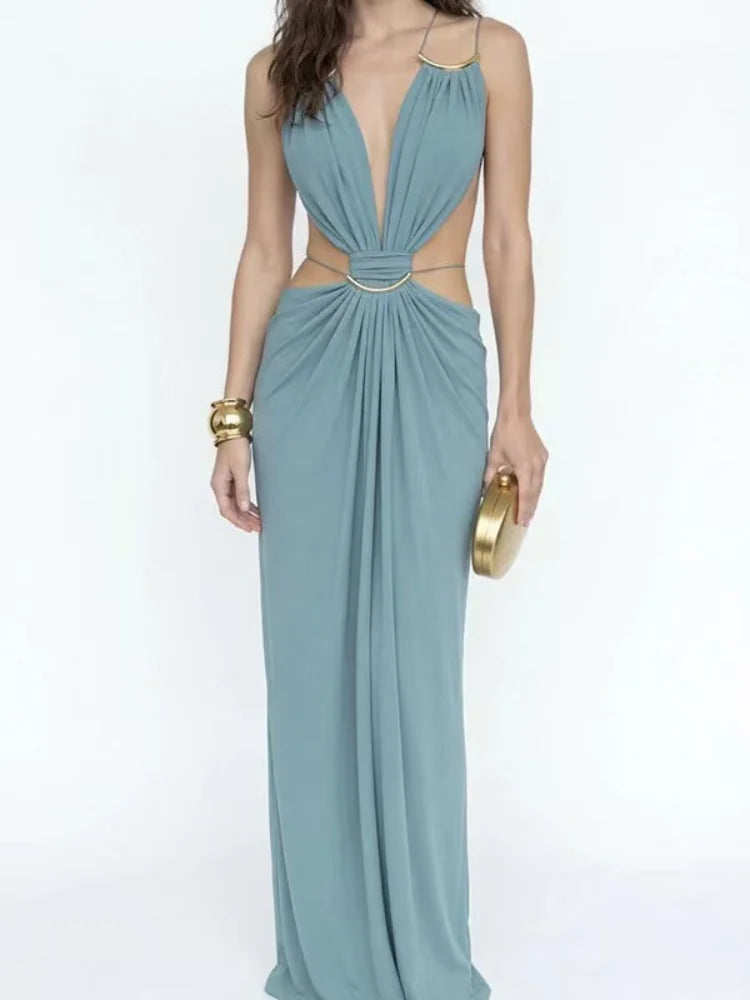 Sexy Halter Strap Long Dress Deep V Pleated Waist Recessed Backless Slim Fit Robe 2026 Summer Vacation Seaside Elegant Lady Gown