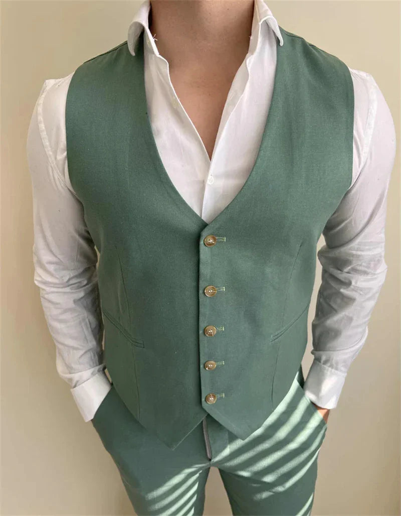 Sage Linen Men Suits for Wedding Summer Party 3 Pieces Notched Lapel Casual Style Groom Tuxedo Custom Made Slim fit Suit