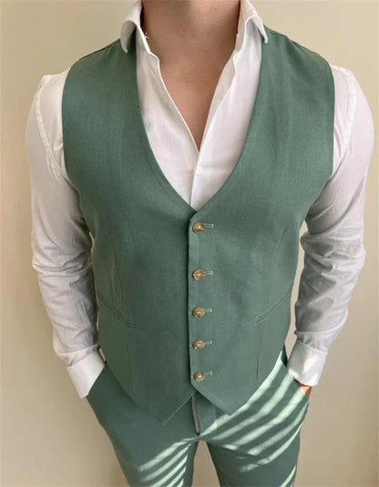 Sage Linen Men Suits for Wedding Summer Party 3 Pieces Notched Lapel Casual Style Groom Tuxedo Custom Made Slim fit Suit