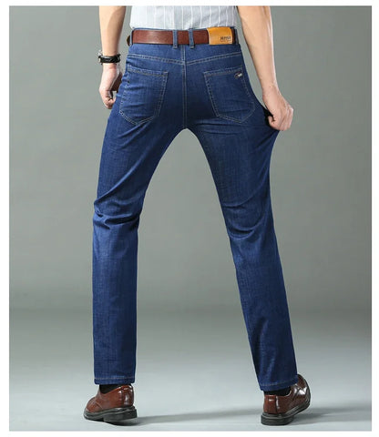 New Ice Silk Thin Denim Jeans for Men Blue Straight Stretch Cotton Denim Pant Business Casual Lightweight Trousers Spring Summer