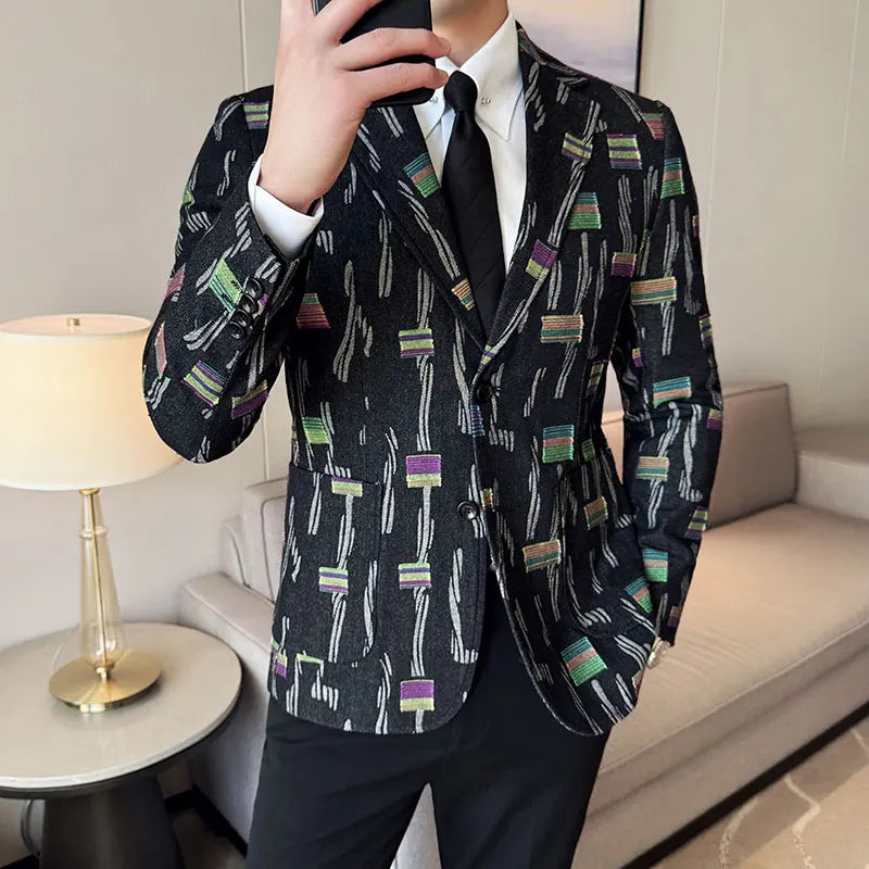 2025 New Luxury Denim Jacquard Suit Coats Men Fashion Slim Fit Suit Casual Business Party Coat Uniform Wedding Social Tailcoat