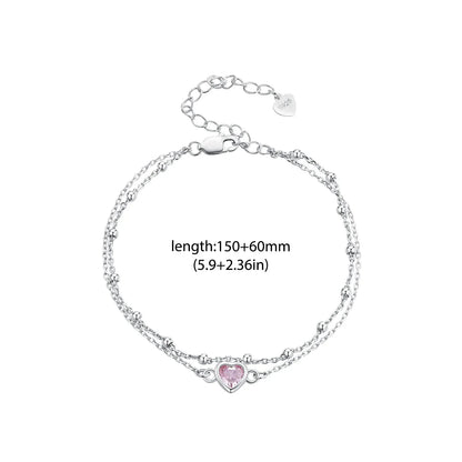 925 Sterling Silver Double Layer Bracelet Pink Heart Adjustable Round Beads Chain Link for Women Valentine's Day Gift