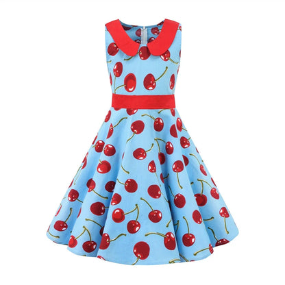 LPATTERN Girls' Vintage Rockabilly Dress Party Retro Polka Dot Floral Pattern A-line Dresses Pleated Skirt Knee-Length for 4-10Y