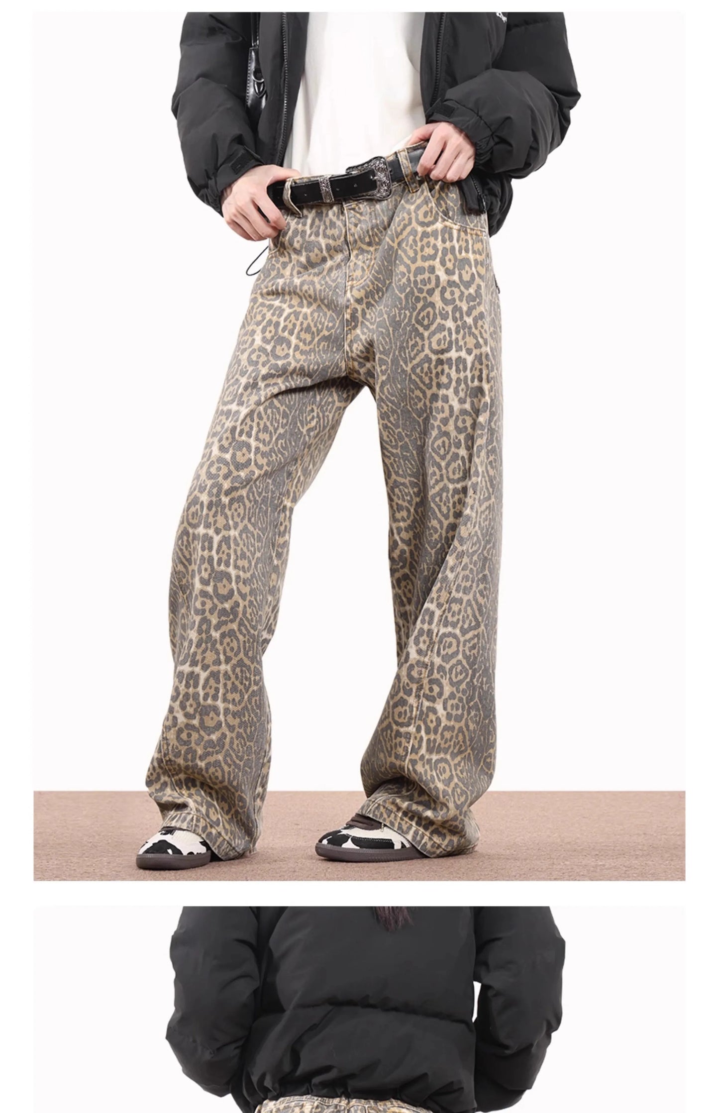 American Style Leopard Wash Jeans Women Y2K Retro Street Hot Girl Loose Casual Pants High Waist Straight Leg Jeans