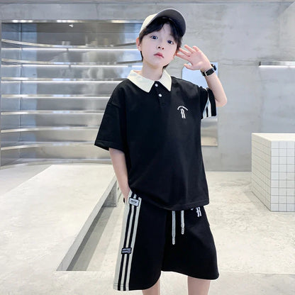 Boys Set Summer Children Clothing Korean Style Costumes Cotton Polo Shirt Shorts 2pcs Kids Casual Outfits Tracksuit Age 5-14 Y