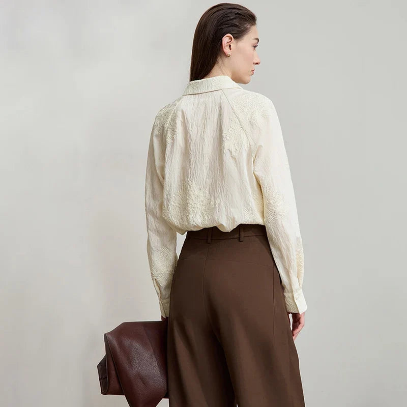 Women's Shirt 2025 Autumn New Blouse Ladies Embroidery Solid Loose Elegant Versatile Long Sleeve Tops For Woman 12543148