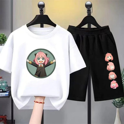 Anime Spy X Family Children T-Shirt+Bottom Wear Age 3-12 Girls Pink Set Black 2pcs Kids Set Print Summer Cool T-Shirt