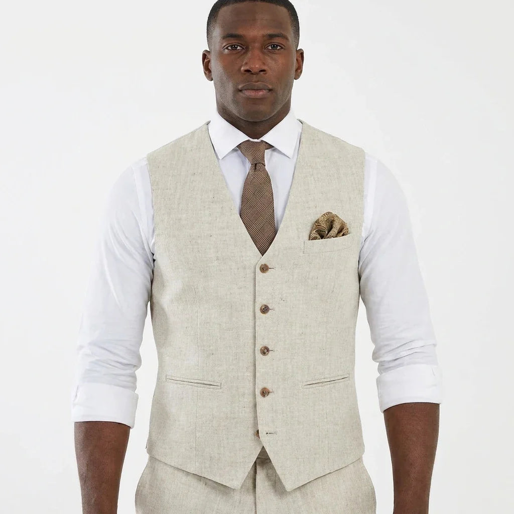 Beige Linen Men Vest for Wedding Party 1 Piece Summer Beach Male Waistcoat V Neck Fashion Coat New Arrival