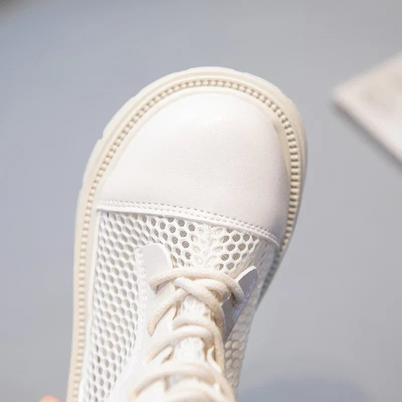 Children Summer Shoes Girls Fashion Sandals High-top Mesh Boots Net Breathable Shoelace Decoration with Zipper Cut-out Ins Style