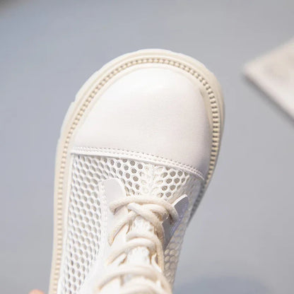 Children Summer Shoes Girls Fashion Sandals High-top Mesh Boots Net Breathable Shoelace Decoration with Zipper Cut-out Ins Style