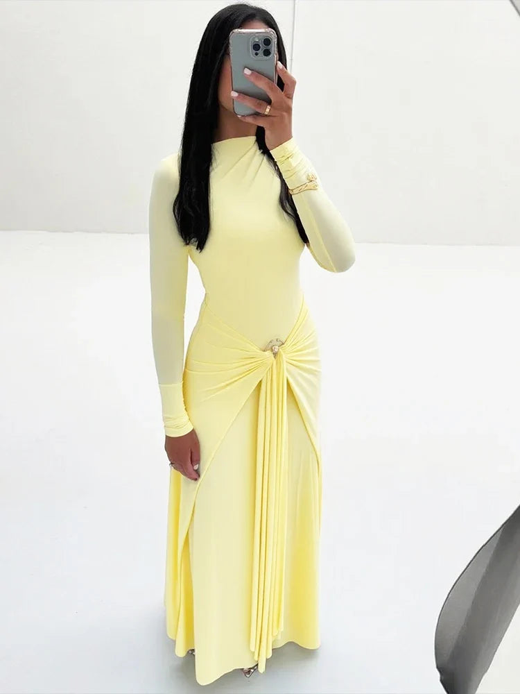 Ruched Elegant Maxi Dress Women Daily Casual Fashion Skinny Full Sleeve Solid Gown Midnight Prom Party Long Bodycon