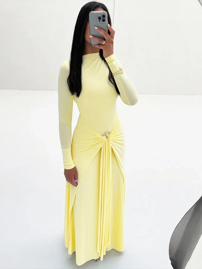Ruched Elegant Maxi Dress Women Daily Casual Fashion Skinny Full Sleeve Solid Gown Midnight Prom Party Long Bodycon