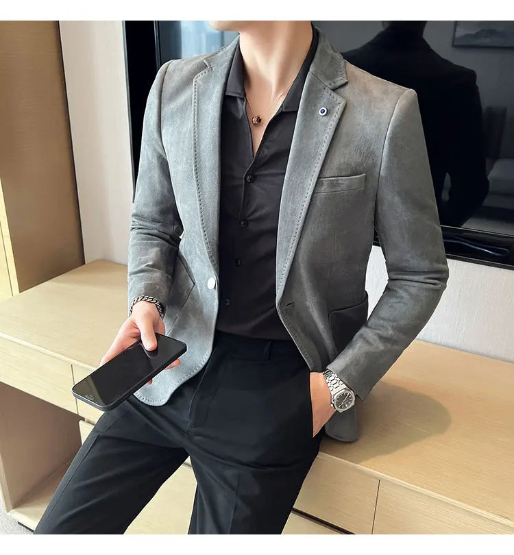High-quality, fashionable men's stylish, versatile and trendy Korean-style slimming suede business casual suit