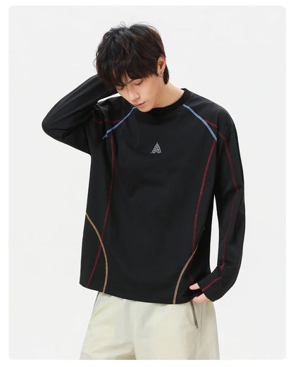 Men's Cool-Touch Contrast Stitch Long Sleeve T-Shirt – Loose Fit Moisture-Wicking Athletic Top for Autumn & Summer Sports